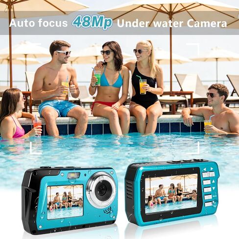 Underwater Camera 4K 48MP, Dual-Screen Waterproof Digital Camera, 10.83FT Dive for Swimming Travel, 16X Zoom Fill Light, 32GB Card, Blue in Kuwait