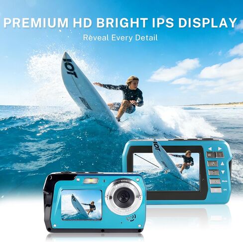 Underwater Camera 4K 48MP, Dual-Screen Waterproof Digital Camera, 10.83FT Dive for Swimming Travel, 16X Zoom Fill Light, 32GB Card, Blue in Kuwait