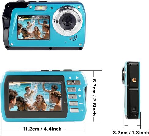 Underwater Camera 4K 48MP, Dual-Screen Waterproof Digital Camera, 10.83FT Dive for Swimming Travel, 16X Zoom Fill Light, 32GB Card, Blue in Kuwait