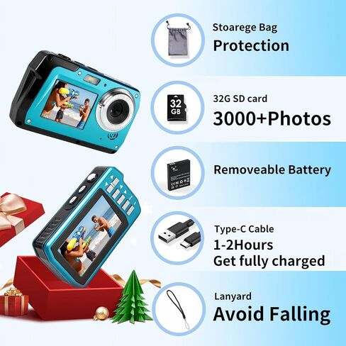 Underwater Camera 4K 48MP, Dual-Screen Waterproof Digital Camera, 10.83FT Dive for Swimming Travel, 16X Zoom Fill Light, 32GB Card, Blue in Kuwait