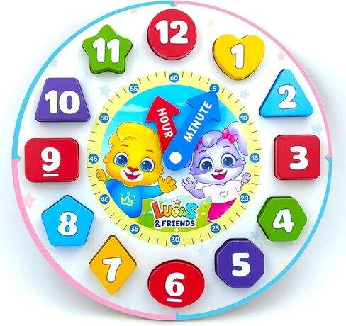 Lucas & Friends Shape Color Sorting Clock Wooden Educational Toy, Teaching Time Numbers Puzzle, Stacking Sorter Jigsaw Montessori Early Learning Toy, Fine Motor Skills, Gift for Kids in Kuwait