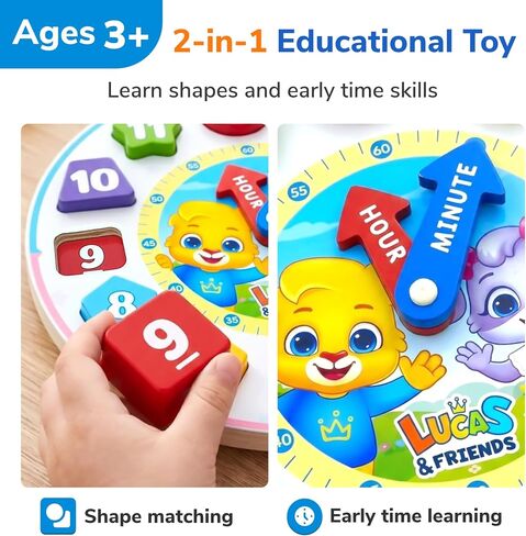 Lucas & Friends Shape Color Sorting Clock Wooden Educational Toy, Teaching Time Numbers Puzzle, Stacking Sorter Jigsaw Montessori Early Learning Toy, Fine Motor Skills, Gift for Kids in Kuwait