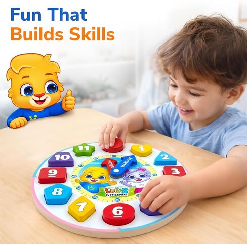 Lucas & Friends Shape Color Sorting Clock Wooden Educational Toy, Teaching Time Numbers Puzzle, Stacking Sorter Jigsaw Montessori Early Learning Toy, Fine Motor Skills, Gift for Kids in Kuwait
