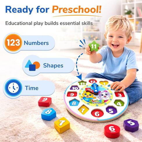 Lucas & Friends Shape Color Sorting Clock Wooden Educational Toy, Teaching Time Numbers Puzzle, Stacking Sorter Jigsaw Montessori Early Learning Toy, Fine Motor Skills, Gift for Kids in Kuwait