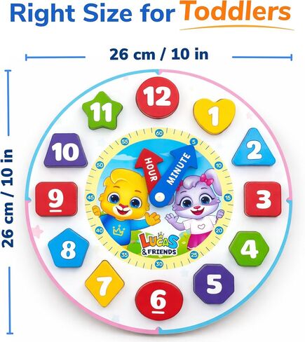 Lucas & Friends Shape Color Sorting Clock Wooden Educational Toy, Teaching Time Numbers Puzzle, Stacking Sorter Jigsaw Montessori Early Learning Toy, Fine Motor Skills, Gift for Kids in Kuwait