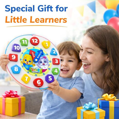 Lucas & Friends Shape Color Sorting Clock Wooden Educational Toy, Teaching Time Numbers Puzzle, Stacking Sorter Jigsaw Montessori Early Learning Toy, Fine Motor Skills, Gift for Kids in Kuwait
