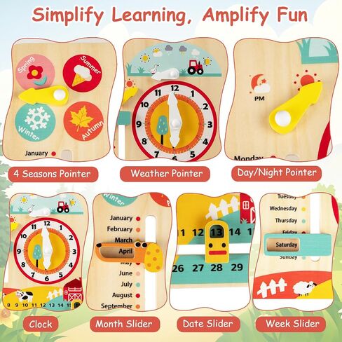 Costzon Montessori Kids Daily Learning Clock Toy, Wooden Educational Learning Clock Toy About Season, Weather, Day, Night, Month, Week & Date, Toddlers Daily Calendar for Preschool Boys Girls Aged 3+ in Kuwait