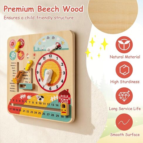 Costzon Montessori Kids Daily Learning Clock Toy, Wooden Educational Learning Clock Toy About Season, Weather, Day, Night, Month, Week & Date, Toddlers Daily Calendar for Preschool Boys Girls Aged 3+ in Kuwait