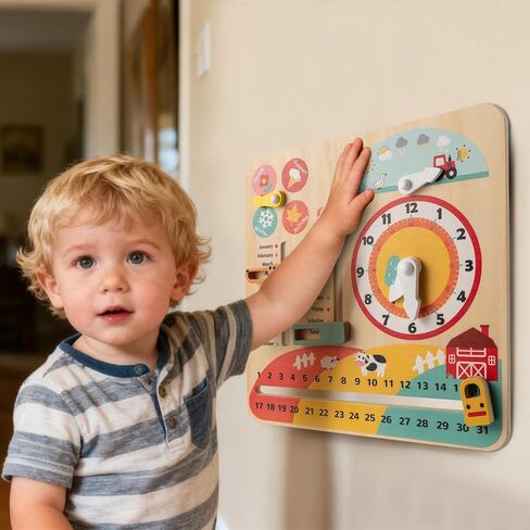 Costzon Montessori Kids Daily Learning Clock Toy, Wooden Educational Learning Clock Toy About Season, Weather, Day, Night, Month, Week & Date, Toddlers Daily Calendar for Preschool Boys Girls Aged 3+ in Kuwait