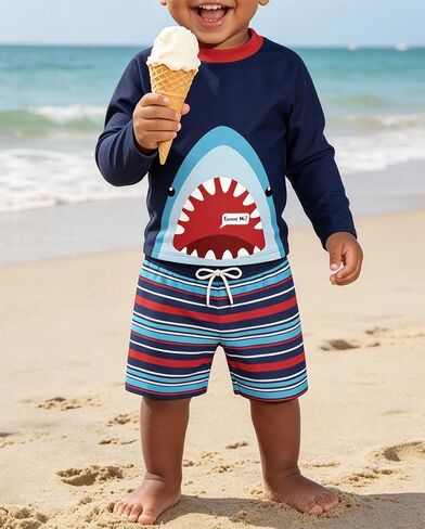 Baby-Boys Toddler Long Sleeved Rashguard Swim Bathing Suit Navy Blue Shark 4-5 Years in Kuwait