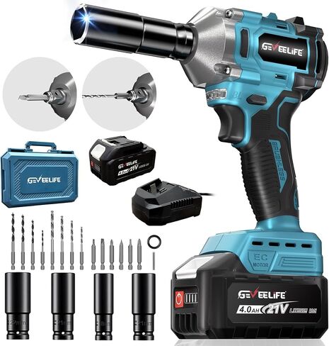 GEVEELIFE 450N.m/332Ft-lbs Brushless Impact Wrench,1/2" Cordless Impact Gun with 4.0Ah Battery & 4 Sockets, Electric Impact Driver for Car/DIY Furniture/Lawn Mower/blue (450N) in Kuwait