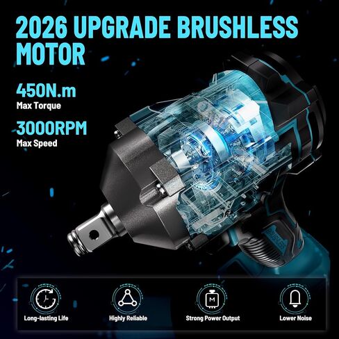 GEVEELIFE 450N.m/332Ft-lbs Brushless Impact Wrench,1/2" Cordless Impact Gun with 4.0Ah Battery & 4 Sockets, Electric Impact Driver for Car/DIY Furniture/Lawn Mower/blue (450N) in Kuwait