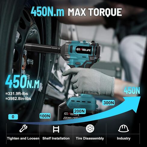 GEVEELIFE 450N.m/332Ft-lbs Brushless Impact Wrench,1/2" Cordless Impact Gun with 4.0Ah Battery & 4 Sockets, Electric Impact Driver for Car/DIY Furniture/Lawn Mower/blue (450N) in Kuwait