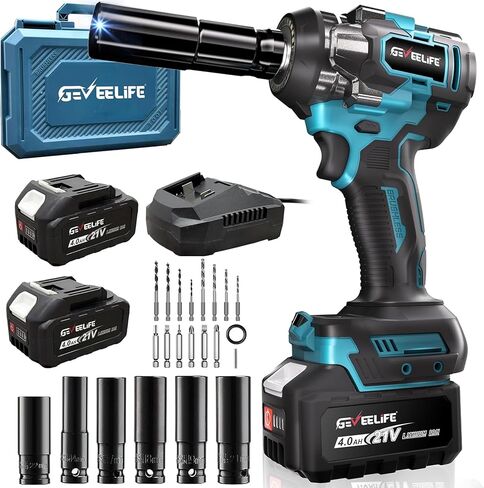 GEVEELIFE Impact Wrench 480Ft-lbs(650N.m) Brushless, 1/2 Impact Gun with 2x4.0Ah Battery, Cordless Impact Wrench, 6 Sockets, 8 Drill Bits, 3300RPM Power Electric Impact Driver for Car/DIY Furniture in Kuwait