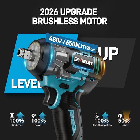 GEVEELIFE Impact Wrench 480Ft-lbs(650N.m) Brushless, 1/2 Impact Gun with 2x4.0Ah Battery, Cordless Impact Wrench, 6 Sockets, 8 Drill Bits, 3300RPM Power Electric Impact Driver for Car/DIY Furniture in Kuwait