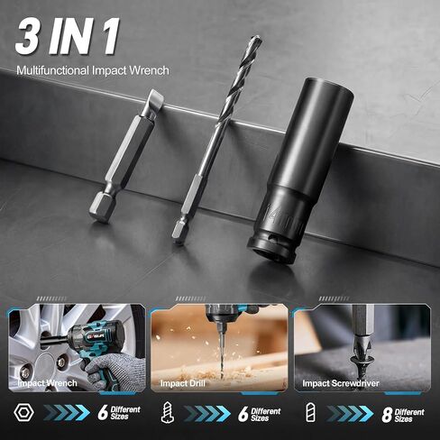 GEVEELIFE Impact Wrench 480Ft-lbs(650N.m) Brushless, 1/2 Impact Gun with 2x4.0Ah Battery, Cordless Impact Wrench, 6 Sockets, 8 Drill Bits, 3300RPM Power Electric Impact Driver for Car/DIY Furniture in Kuwait