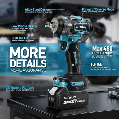 GEVEELIFE Impact Wrench 480Ft-lbs(650N.m) Brushless, 1/2 Impact Gun with 2x4.0Ah Battery, Cordless Impact Wrench, 6 Sockets, 8 Drill Bits, 3300RPM Power Electric Impact Driver for Car/DIY Furniture in Kuwait