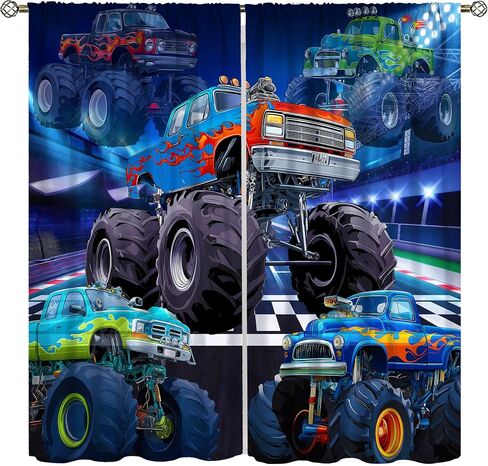 Monster Truck Curtains for Kids,Cartoon Fleet Racing Car Stadium Game Cool Flame Flag Racing Window Drapes Print for Nursery Boys Bedroom Living Room 42x45in（No Blackout） in Saudi Arabia