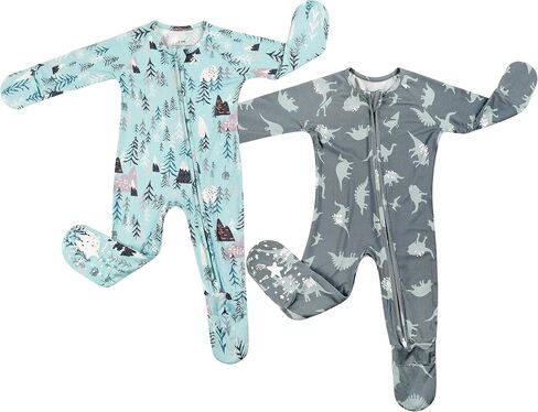 Baby Boys Footie Pajamas 0-9 Months Rayon Derived from Bamboo Cartoon Printed Sleepers for Newborn Boys 2 Packs in Kuwait