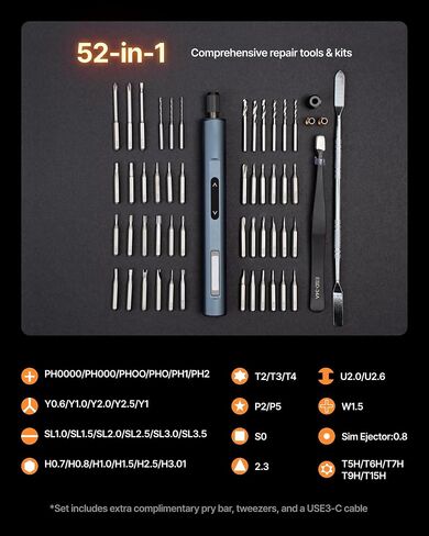 xTool Selected Mini Electric Screwdriver, 52-in-1 Precision Screwdriver Set Electric 400RPM 5 Torque Settings, 48 Drill Bits, Pry Bar, Led, Tweezers, Electric Precision Screwdriver Kit for Pc Building in Kuwait