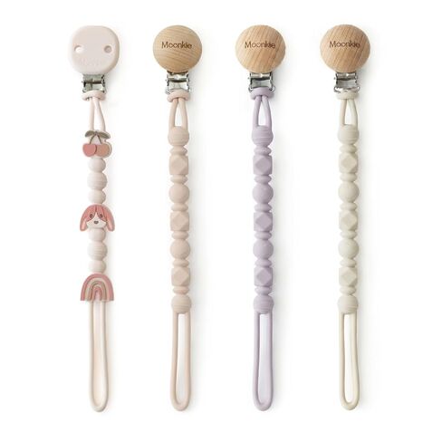 Moonkie Silicone Pacifier Clips for Baby – Durable One-Piece Binky Holder, Mixed Styles Paci Clips, Baby Essentials for Newborn Boys & Girls - 4 Pack (Sunset Shore) in Kuwait