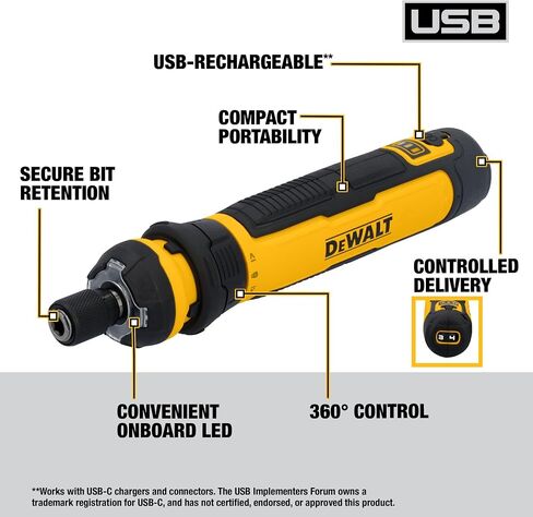 DEWALT Cordless Screwdriver, 4V USB Rechargeable Electric Screwdriver with 12 pcs Screwdriver Bit Set, LED Light, FLEXDRIVE Control, Compact, Ergonomic (DWHT66719) in Kuwait