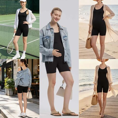 Women's Maternity Bodysuit Sleeveless Round Neck Tank Top Shorts Jumpsuit Pregnancy Romper Black Double Lined in Kuwait