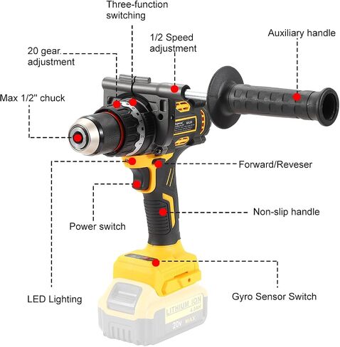 Brushless Hammer Drill for DEWALT 20V Battery, 1416In-lbs Torque 1/2-Inch | Tool Only, No Battery or Charger; Gyroscope Anti-Twist; 21+1 Clutch; 0-2000 RPM; All-Metal Chuck; LED Work Light in Kuwait