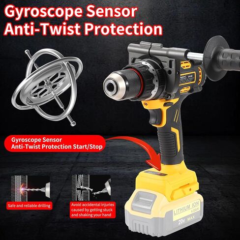 Brushless Hammer Drill for DEWALT 20V Battery, 1416In-lbs Torque 1/2-Inch | Tool Only, No Battery or Charger; Gyroscope Anti-Twist; 21+1 Clutch; 0-2000 RPM; All-Metal Chuck; LED Work Light in Kuwait