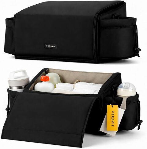 VERAVIE Single & Double Stroller Caddy Organizer Storage Bag, Cup Holders | One-hand magnetic closure, shoulder strap, diaper bag, wagon & pet stroller accessories, new mom essentials, baby travel gear in Kuwait