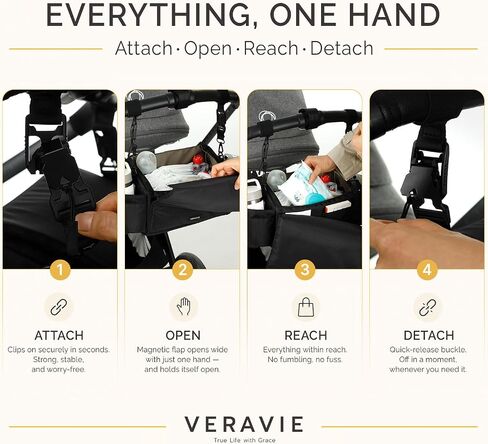VERAVIE Single & Double Stroller Caddy Organizer Storage Bag, Cup Holders | One-hand magnetic closure, shoulder strap, diaper bag, wagon & pet stroller accessories, new mom essentials, baby travel gear in Kuwait