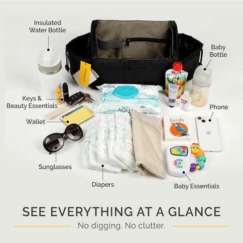 VERAVIE Single & Double Stroller Caddy Organizer Storage Bag, Cup Holders | One-hand magnetic closure, shoulder strap, diaper bag, wagon & pet stroller accessories, new mom essentials, baby travel gear in Kuwait