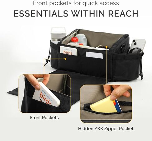 VERAVIE Single & Double Stroller Caddy Organizer Storage Bag, Cup Holders | One-hand magnetic closure, shoulder strap, diaper bag, wagon & pet stroller accessories, new mom essentials, baby travel gear in Kuwait