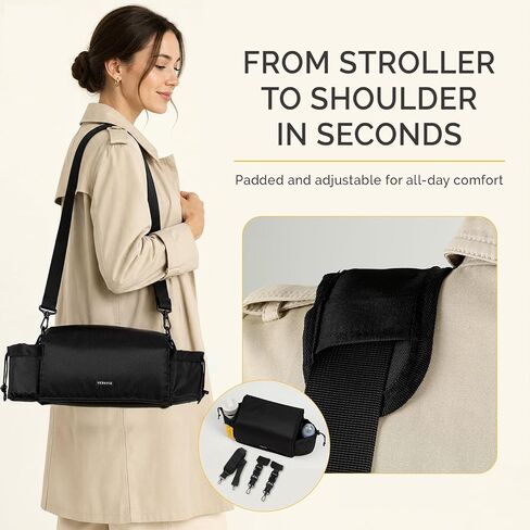 VERAVIE Single & Double Stroller Caddy Organizer Storage Bag, Cup Holders | One-hand magnetic closure, shoulder strap, diaper bag, wagon & pet stroller accessories, new mom essentials, baby travel gear in Kuwait
