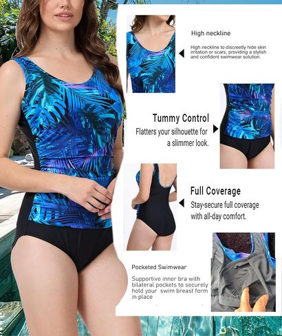 BIMEI Women's One-Piece Mastectomy Swimsuit Pocketed Swimwear Tummy Control Swimdress Shaping Swimwear 125SY (US, Numeric, 16, Regular, Regular, Blue) in Kuwait