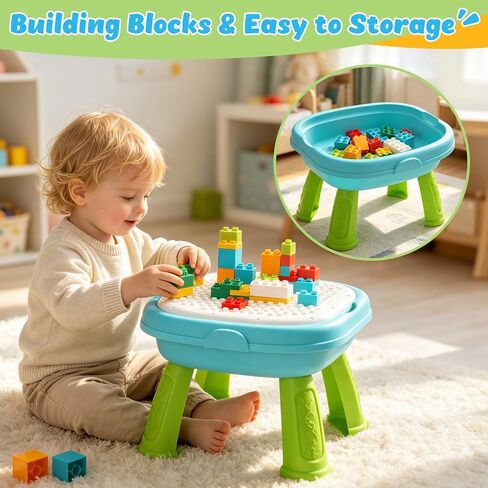 2-in-1 Toddler Activity Table with Building Blocks, Musical Learning Toy | Double-sided Baby Sensory Activity Table with Lights & Sounds, Interactive Educational Toy Gift for Boys & Girls Ages 1-3 in Saudi Arabia