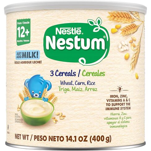 Nestle Nestum Junior Cereal, 3 Cereals - Wheat, Corn & Rice, Made for Toddlers 12 Months, 14.1 OZ Canister (Pack of 3) in Kuwait