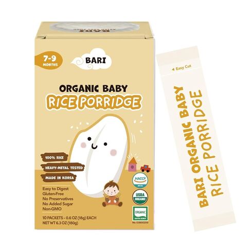 BARI Organic Baby Rice Porridge – Stage 2 – For Babies 7+ Months | USDA Organic, Heavy Metal Tested, Korean Rice Cereal, No Added Sugar, Gluten-Free | 6.3 oz (10 Packets) in Kuwait