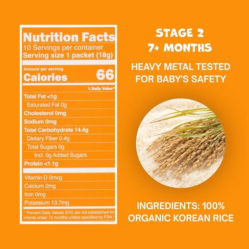 BARI Organic Baby Rice Porridge – Stage 2 – For Babies 7+ Months | USDA Organic, Heavy Metal Tested, Korean Rice Cereal, No Added Sugar, Gluten-Free | 6.3 oz (10 Packets) in Kuwait