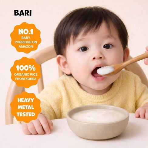 BARI Organic Baby Rice Porridge – Stage 2 – For Babies 7+ Months | USDA Organic, Heavy Metal Tested, Korean Rice Cereal, No Added Sugar, Gluten-Free | 6.3 oz (10 Packets) in Kuwait