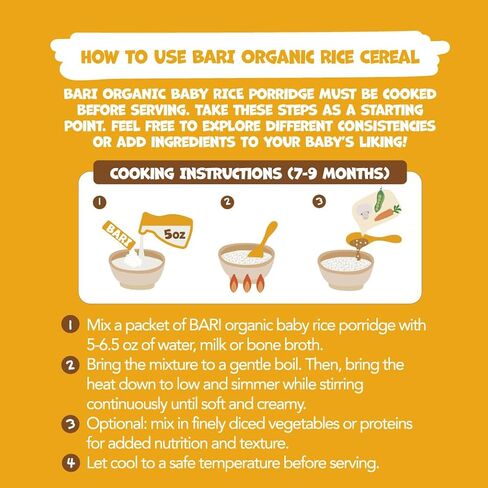 BARI Organic Baby Rice Porridge – Stage 2 – For Babies 7+ Months | USDA Organic, Heavy Metal Tested, Korean Rice Cereal, No Added Sugar, Gluten-Free | 6.3 oz (10 Packets) in Kuwait