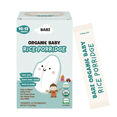 BARI Organic Baby Rice Porridge – Stage 3 – For Babies 10+ Months | USDA Organic, Heavy Metal Tested, Korean Rice Cereal, No Added Sugar, Gluten-Free | 7.3 oz (10 Packets) in Kuwait