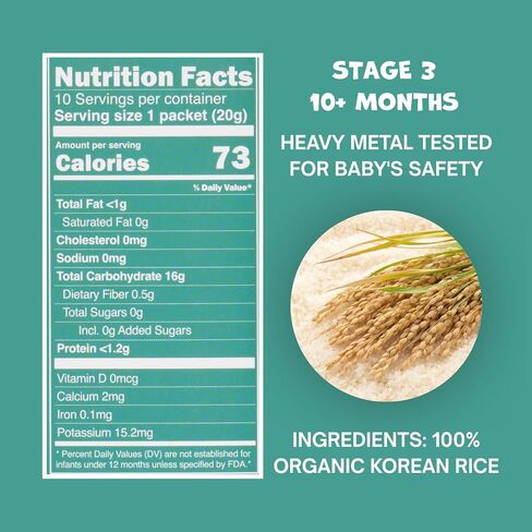 BARI Organic Baby Rice Porridge – Stage 3 – For Babies 10+ Months | USDA Organic, Heavy Metal Tested, Korean Rice Cereal, No Added Sugar, Gluten-Free | 7.3 oz (10 Packets) in Kuwait