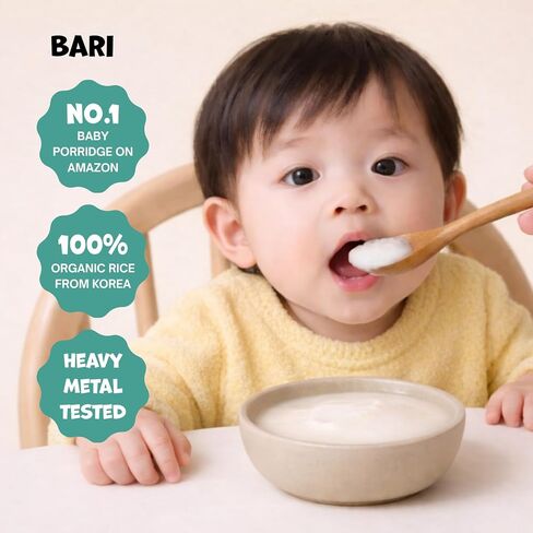 BARI Organic Baby Rice Porridge – Stage 3 – For Babies 10+ Months | USDA Organic, Heavy Metal Tested, Korean Rice Cereal, No Added Sugar, Gluten-Free | 7.3 oz (10 Packets) in Kuwait
