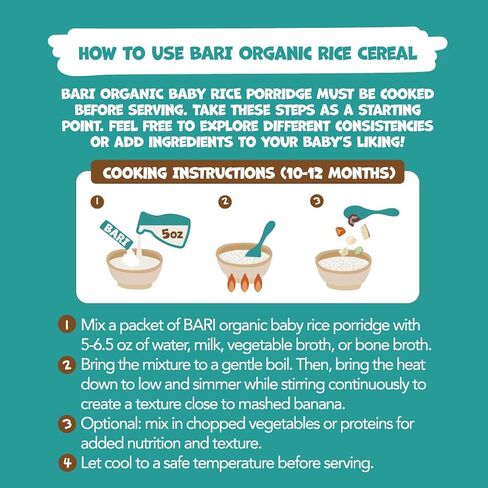 BARI Organic Baby Rice Porridge – Stage 3 – For Babies 10+ Months | USDA Organic, Heavy Metal Tested, Korean Rice Cereal, No Added Sugar, Gluten-Free | 7.3 oz (10 Packets) in Kuwait