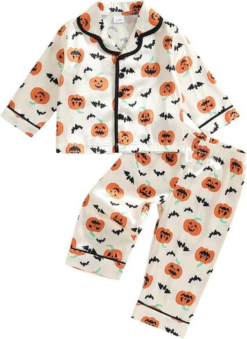 Biayxms Baby Boy Girl Halloween Silk Pajamas Set Button Down Pumpkin Ghost Long Sleeve Shirts Tops and Pants Satin Pj Sets in Kuwait