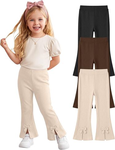 3 Pack Toddler Girls Flare Pants Baby Ribbed Summer Leggings Infant Slim Bow Slits Bell Bottom Pants Size 9M-4T in Kuwait