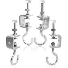 4 PCS Beam Clamp J Hook, Stainless Steel Small Pipe Clamp Hooks for 1Inch Metal Beam Wood Beam Truss, Heavy Duty Open Cup Bolt Hook Load 330lb, I-Beam Design C Clamp Hook