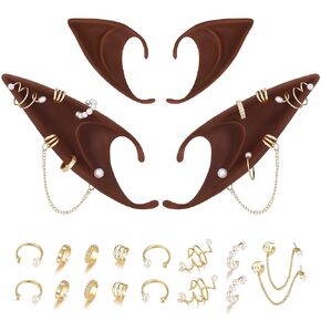 FRESHME Brown Elf Ears with Piercings Earring Cuffs Set - Cosplay Brown Fairy Pixie Ears with Pearl Earrings Chain Set Non Pierced Ear Clips for Women Christmas Halloween Renaissance Photoshoot