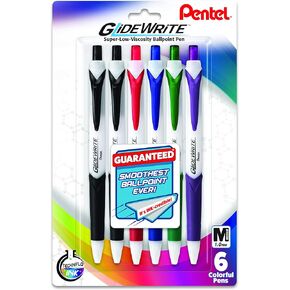 Pentel GlideWrite Ballpoint Pen with TechniFlo Ink, (1.0mm) Medium Line, Assorted Ink, Pack of 6 (BX910BP6M1)
